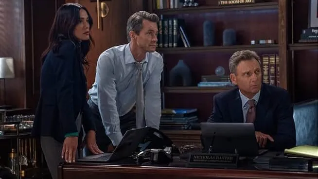 Law & Order, featuring the characters A.D.A. Samantha Maroun (left), A.D.A. Nolan Price (center), and District Attorney Nicholas Baxter (right).